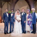 The couple with the groom’s family. From left – Mr. Jarele Soyinka, Mr. Eyitemi Soyinka, Mrs. Nneka Soyinka, Mr. Tunlewa Soyinka, Mrs. Folake Wole-Soyinka, and Prof. Wole Soyinka