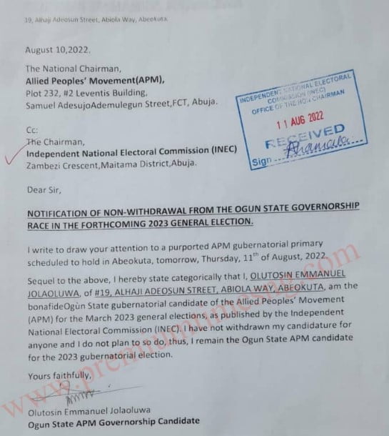 Copy of Jolaoluwa's letter to INEC, Ogun State obtained exclusively by Premium Times