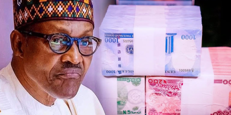 Buhari with redesign Naira in the backgound.