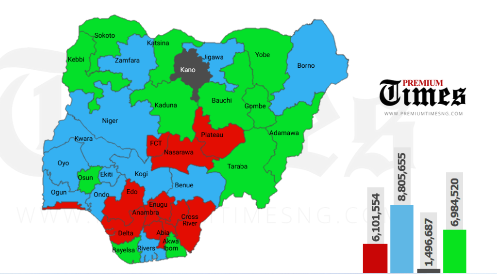 Map indicating states won by each candidate in the recently concluded Nigeria's presidential election.