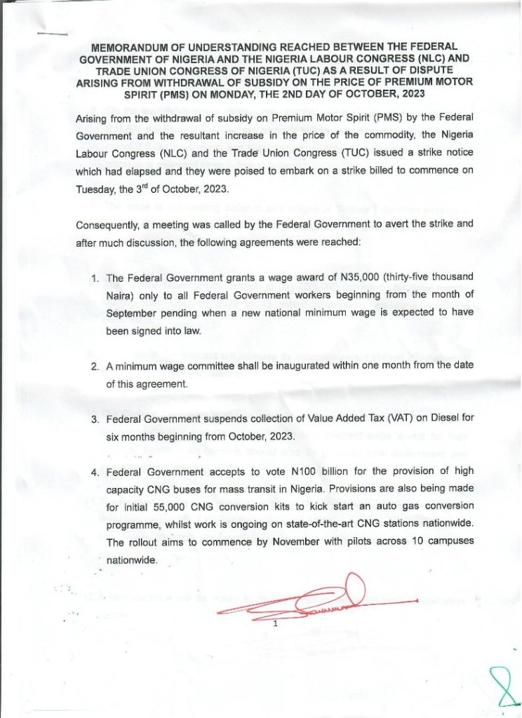 Page 1 copy of agreement reached by Labour with FG.