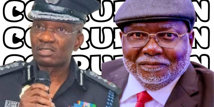 Image of Nigeria's police boss and the Chief Justice of the federation on a background image with corruption written in it