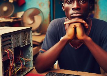 An African young man siting in front of his computer repair shop with chin resting in between his palms looking forlorn because no electricity power to work with.