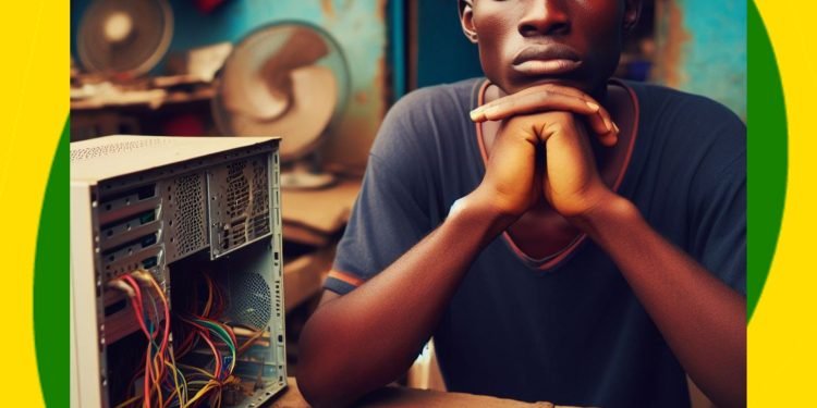 An African young man siting in front of his computer repair shop with chin resting in between his palms looking forlorn because no electricity power to work with.