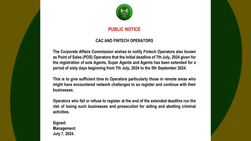 Screenshot of CAC statement on extension of deadline for CAC registration for POS agents in Nigeria.