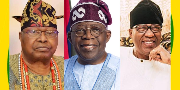 Image of Oba Sikiru Kayode Adetona, Senator Gbenga Daniel & President Bola Tinub u alledgedly met on creation of Ijebu State.