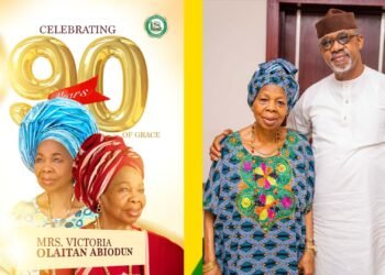 Ogun State Governor Dapo Abiodun with his mother, Mrs. Victoria Olaitan Abiodun, celebrating her 90th birthday surrounded by family and well-wishers.