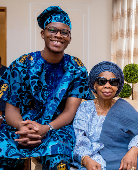 Ogun State Governor Dapo Abiodun son with his mother, Mrs. Victoria Olaitan Abiodun, celebrating her 90th birthday surrounded by family and well-wishers.