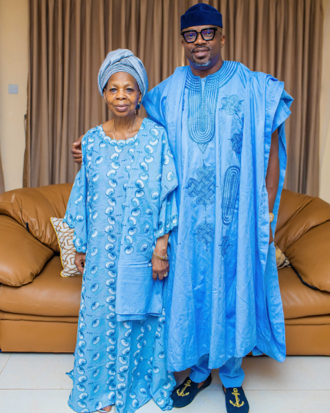 Ogun State Governor Dapo Abiodun brother with his mother, Mrs. Victoria Olaitan Abiodun, celebrating her 90th birthday surrounded by family and well-wishers.
